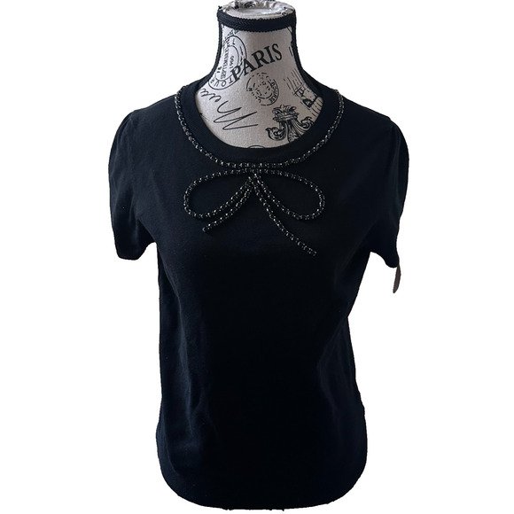 The Limited Women’s Black Beaded Bow Knit Top Size L Short Sleeve Minimalist - Picture 1 of 10